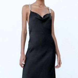 ZARA SATIN CAMISOLE DRESS WITH CHAIN LINK MIDI BLACK SIZE SMALL
